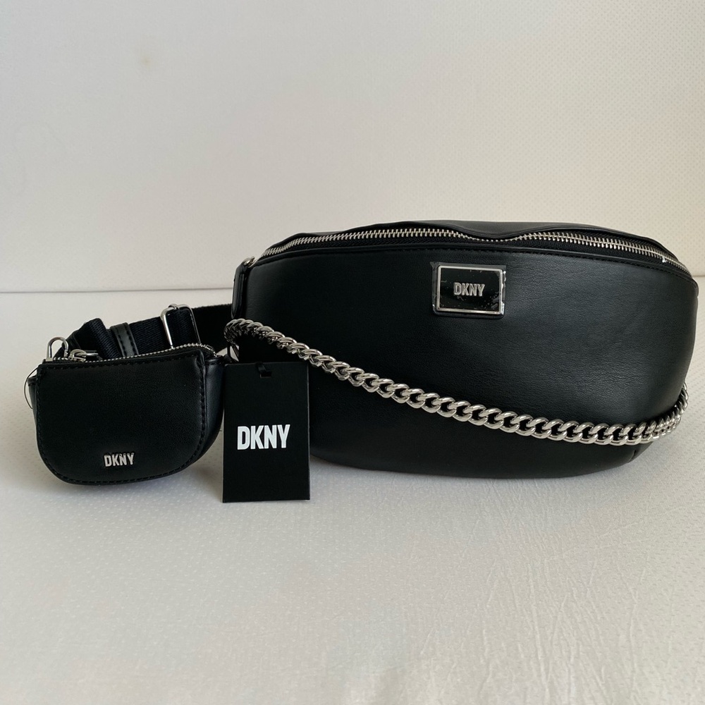 DKNY BLACK BELT BAG BAG/ CROSSBODY 2 OPTION WEARING W/ SILVER CHAIN, Retail $168